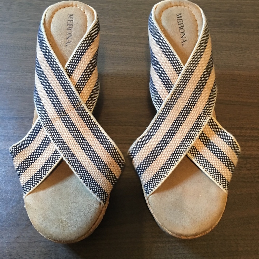 BLUE AND TAN ELASTIC CORKSCREW WEDGES